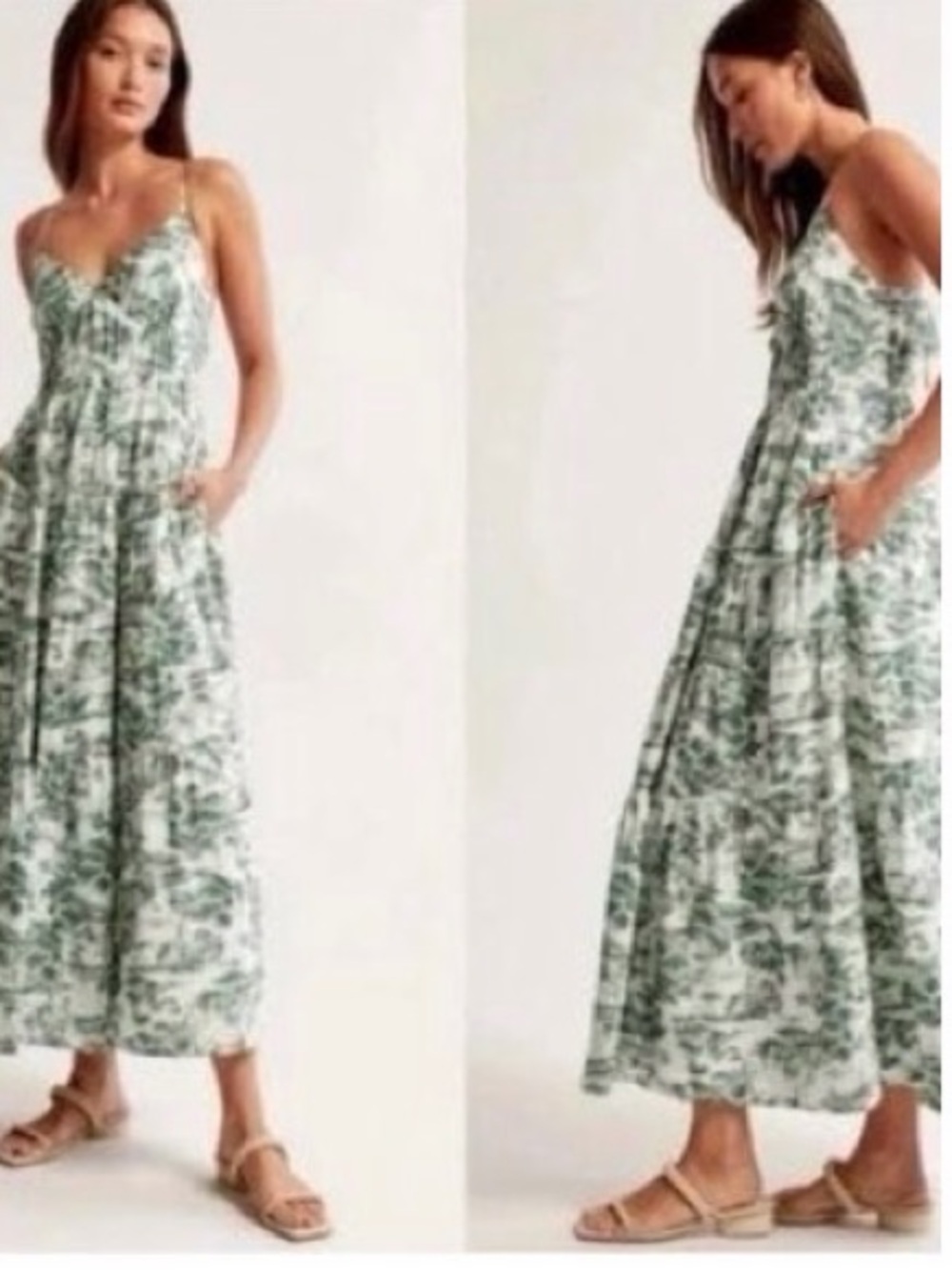 Abercrombie & Fitch Green Toile Maxi Dress with Cream Base